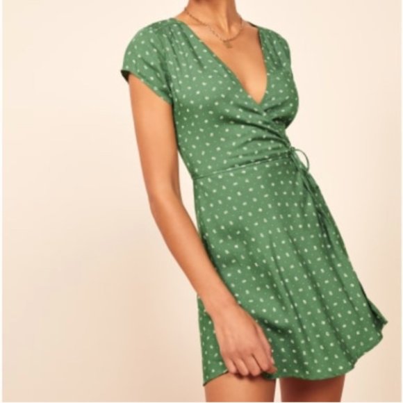 Reformation Ports Wrap Dress Green White Floral M